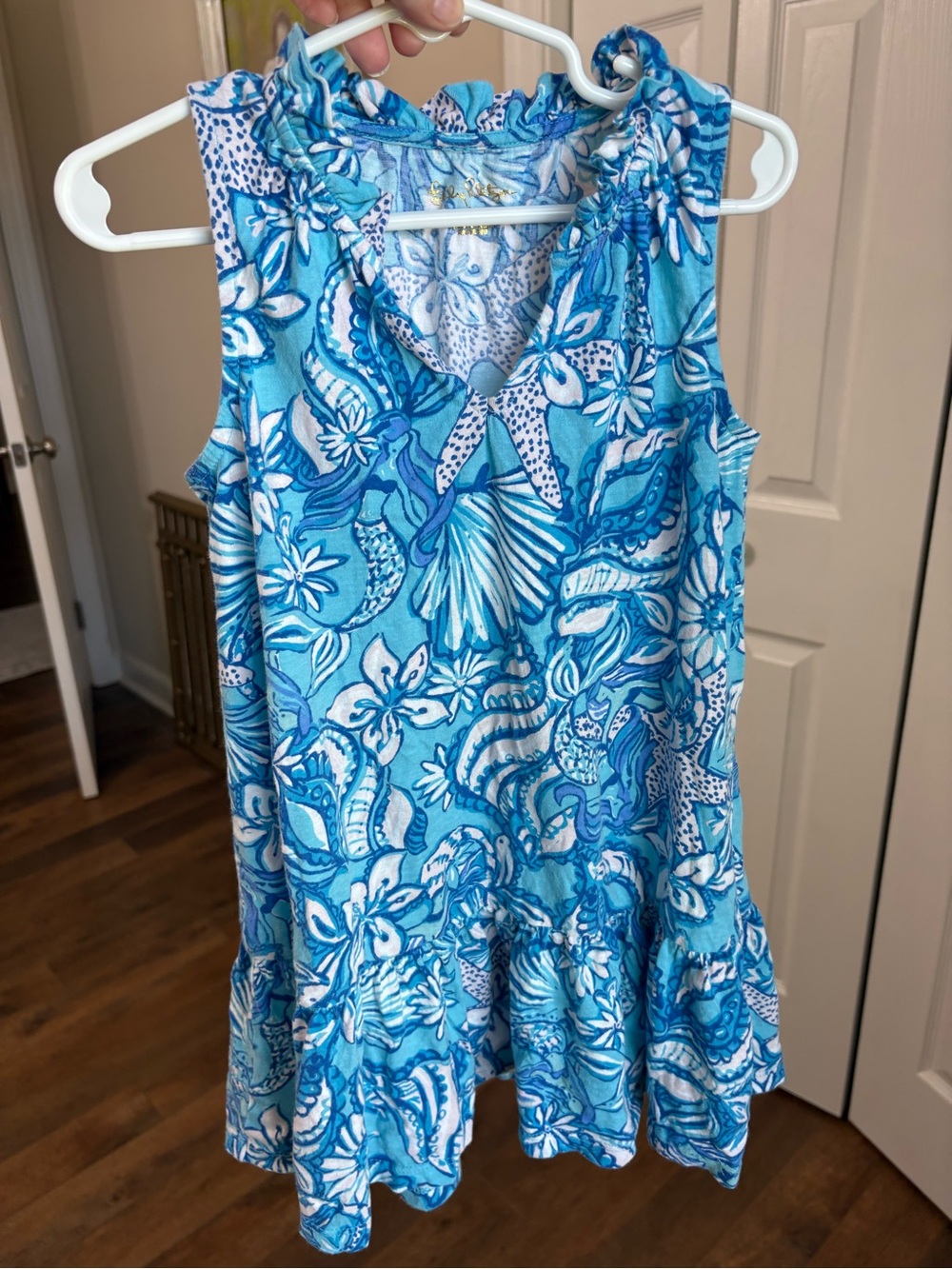 Lilly Pulitzer Girls Blue Floral Print Sleeveless Dress Ruffle Hem Size S 4-5